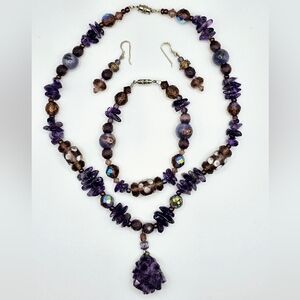 Vintage Amethyst Pendant Glass Beaded Necklace Bracelet Earrings Jewelry Set